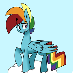 Size: 800x800 | Tagged: safe, artist:raijuri, derpibooru import, rainbow blitz, rainbow dash, pegasus, pony, cloud, eyebrows visible through hair, grin, male, on a cloud, one hoof raised, raised eyebrow, rule 63, simple background, sky background, smiling, solo, stallion, standing on a cloud