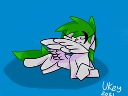 Size: 1280x960 | Tagged: safe, artist:ukedideka, derpibooru import, oc, oc:quizzical aphre, pegasus, pony, cel shading, eyes closed, green hair, grey body, grooming, lying down, pegasus oc, preening, shading, simple background, smiling, solo, spread wings, tail feathers, wings