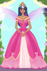 Size: 540x810 | Tagged: safe, artist:yunyin, derpibooru import, twilight sparkle, human, big crown thingy, clothes, coronation dress, dress, element of magic, female, gown, horn, horned humanization, humanized, jewelry, regalia, solo, winged humanization, wings