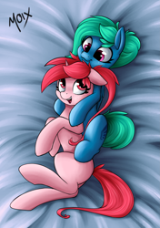 Size: 3035x4299 | Tagged: safe, artist:supermoix, derpibooru import, oc, oc:metralla, oc:moxie, pegasus, pony, unicorn, bed, cute, female, shipping