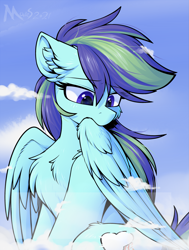 Size: 1629x2160 | Tagged: safe, artist:movieskywalker, derpibooru exclusive, derpibooru import, oc, oc only, oc:iridescent chord, pegasus, pony, cloud, female, grooming, looking at something, multicolored hair, pegasus oc, preening, purple eyes, solo