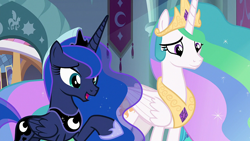 Size: 1920x1080 | Tagged: safe, derpibooru import, screencap, princess celestia, princess luna, alicorn, pony, the beginning of the end, crown, female, hoof shoes, jewelry, mare, regalia, royal sisters, siblings, sisters