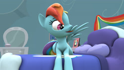 Size: 3840x2160 | Tagged: safe, artist:wissle, derpibooru import, rainbow dash, pegasus, pony, 3d, bed, female, grooming, happy, mare, preening, rainbow dash's bedroom, rainbow dash's house, smiling, solo, source filmmaker