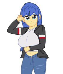 Size: 3500x4100 | Tagged: safe, artist:covight, derpibooru import, flare warden, flash sentry, human, equestria girls, belly button, big breasts, breasts, busty flare warden, clothes, equestria guys, humanized, jeans, pants, rule 63, solo
