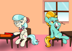 Size: 5740x4032 | Tagged: safe, artist:background basset, derpibooru import, coco pommel, lightning dust, earth pony, pegasus, pony, annoyed, chair, coffee, coffee mug, duo, fabric, female, mug, request, requested art, simple background, sipping, table, window