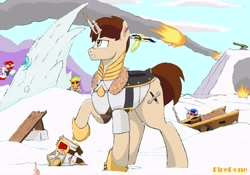 Size: 4496x3148 | Tagged: safe, artist:firepone, derpibooru import, oc, oc:shadow stone, pony, unicorn, armor, armored pony, fight, fire, fireball, gun, helmet, ice, snow, war, weapon