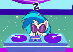 Size: 720x510 | Tagged: safe, derpibooru import, screencap, dj pon-3, vinyl scratch, my little pony: pony life, the comet section, spoiler:pony life s02e03, animated, cropped, loop, onomatopoeia, sleeping, solo, sound effects, zzz