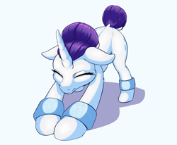 Size: 2000x1650 | Tagged: safe, artist:aquaticvibes, derpibooru import, rarity, pony, unicorn, alternate hairstyle, dock, ears, eyes closed, female, floppy ears, hair bun, mare, simple background, solo, stretching, white background