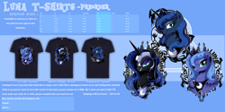 Size: 3000x1500 | Tagged: safe, artist:dormin-dim, derpibooru import, nightmare moon, princess luna, alicorn, pony, clothes, design, luna s1, lunadoodle, preorder, shirt, shirt design, solo, t-shirt, young luna