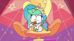 Size: 1280x720 | Tagged: safe, derpibooru import, screencap, princess celestia, my little pony: pony life, princess probz, cake, food, solo