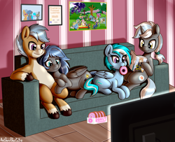 Size: 2952x2401 | Tagged: safe, artist:anibaruthecat, derpibooru import, oc, oc only, oc:crystal shear, oc:dawnshine, pegasus, pony, unicorn, donut, food, sofa, television