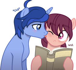 Size: 1920x1785 | Tagged: safe, artist:limedazzle, derpibooru import, oc, oc only, oc:allen, oc:james, pony, book, licking, male, simple background, stallion, tongue, tongue out, transparent background