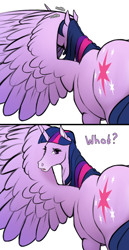 Size: 842x1637 | Tagged: safe, artist:mercurial64, derpibooru exclusive, derpibooru import, twilight sparkle, twilight sparkle (alicorn), alicorn, pony, dialogue, female, grooming, hoers, looking at you, looking back, looking back at you, mare, onomatopoeia, preening, rear view, simple background, solo, white background