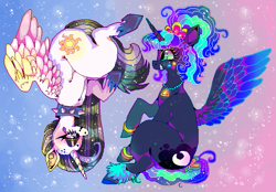 Size: 675x469 | Tagged: artist needed, safe, derpibooru import, princess celestia, princess luna, alicorn, pony, 80s princess luna, collar, color porn, punklestia, spiked collar