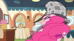 Size: 250x141 | Tagged: safe, derpibooru import, screencap, pinkie pie, earth pony, pony, mmmystery on the friendship express, deerstalker, detective, female, great moments in animation, hat, hub logo, magnifying glass, mare, smear frame