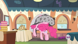 Size: 250x141 | Tagged: safe, derpibooru import, screencap, pinkie pie, pony, mmmystery on the friendship express, deerstalker, detective, great moments in animation, hat, hub logo, smear frame, the hub