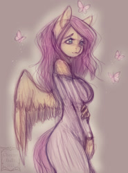 Size: 1324x1792 | Tagged: safe, artist:cheezayballz, derpibooru import, fluttershy, anthro, butterfly, pegasus, adorasexy, beautiful, big breasts, breasts, clothes, cute, dress, female, hootershy, mare, rough sketch, sexy, shoulderless, shyabetes, sketch, solo, sparkles, spread wings, wings
