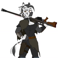 Size: 1173x1161 | Tagged: safe, artist:redxbacon, derpibooru import, oc, oc:shauri, anthro, zebra, anti-materiel rifle, breasts, cleavage, fallout, fallout: new vegas, gun, pgm hecate ii, weapon