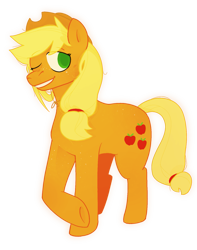 Size: 1353x1721 | Tagged: safe, artist:summersplash, derpibooru import, applejack, earth pony, pony, body freckles, freckles, one eye closed, simple background, smiling, solo, transparent background, underhoof, wink