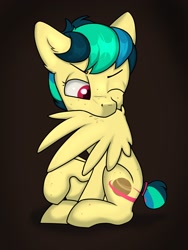 Size: 1536x2048 | Tagged: safe, artist:dumbwoofer, oc, oc only, oc:apogee, pegasus, pony, dirty, female, filly, fleas, foal, freckles, one eye closed, preening, sitting, solo, tail wrap