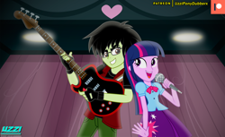 Size: 1280x785 | Tagged: safe, artist:uzzi-ponydubberx, twilight sparkle, oc, oc:flamin' rage, equestria girls, bare shoulders, canon x oc, clothes, dawwww, duo, element of magic, female, fingerless gloves, glasses, gloves, guitar, heart, holding hands, jewelry, looking at each other, male, microphone, regalia, rock, sleeveless, straight, strapless