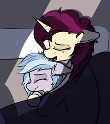 Size: 532x596 | Tagged: safe, artist:pinkberry, oc, oc only, oc:mulberry merlot, oc:winter azure, earth pony, pony, unicorn, age difference, colt, cuddling, cuddling in bed, female, femboy, freckles, girly, heart, male, mare, mare on colt, mare on femboy, mulberry is a foalslut, sleeping, spooning, straight, tattoo, trap