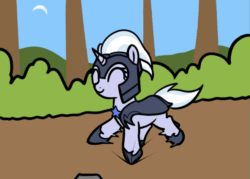 Size: 837x598 | Tagged: safe, artist:neuro, silver sable, pony, unicorn, animated, armor, cute, eyes closed, female, gif, guardsmare, helmet, hoof shoes, mare, motion blur, royal guard, smiling, solo, trotting