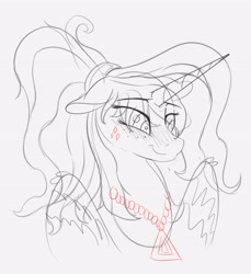 Size: 3754x4096 | Tagged: safe, artist:2fat2fly, alicorn, pony, blushing, female, horn, jewelry, mare, necklace, sketch, smiling, solo, wings