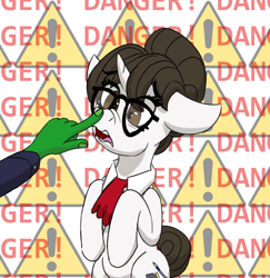 Size: 916x942 | Tagged: safe, artist:sufficient, raven, oc, oc:anon, unicorn, background, boop, danger, exclamation point, glasses, hair bun, necktie, panic, scared, scrunchy face, warning sign