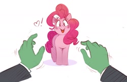 Size: 1658x1072 | Tagged: safe, artist:axlearts, artist:hattsy, color edit, edit, pinkie pie, oc, oc:anon, earth pony, human, pony, blushing, cute, diapinkes, exclamation point, female, hand, happy, heart, heart eyes, imminent hugs, looking at something, looking at you, male, male pov, mare, open mouth, pov, simple background, smiling, white background, wingding eyes