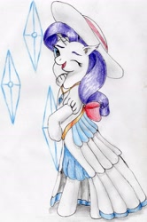 Size: 2688x4040 | Tagged: safe, artist:40kponyguy, derpibooru exclusive, derpibooru import, rarity, unicorn, bipedal, clothes, cute, cutie mark background, dress, ear fluff, ears, female, hat, jewelry, looking at you, mare, necklace, one eye closed, simple background, solo, traditional art