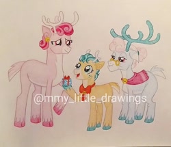 Size: 1080x929 | Tagged: safe, artist:mmy_little_drawings, derpibooru import, alice the reindeer, aurora the reindeer, bori the reindeer, deer, reindeer, antlers, female, freckles, glasses, hoof hold, presenting, raised hoof, raised leg, traditional art, unshorn fetlocks, watermark