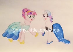 Size: 1080x775 | Tagged: safe, artist:mmy_little_drawings, derpibooru import, oc, oc only, pony, unicorn, :d, clothes, dress, duo, female, hoof shoes, horn, mare, obtrusive watermark, open mouth, traditional art, unicorn oc, watermark