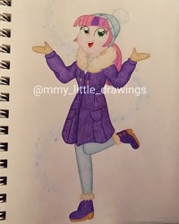 Size: 1011x1264 | Tagged: safe, artist:mmy_little_drawings, derpibooru import, oc, oc only, equestria girls, :d, beanie, clothes, coat, eyelashes, female, hat, obtrusive watermark, shoes, smiling, solo, traditional art, watermark