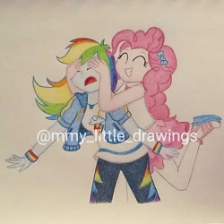 Size: 1065x1065 | Tagged: safe, artist:mmy_little_drawings, derpibooru import, pinkie pie, rainbow dash, equestria girls, equestria girls series, bow, clothes, d:, eyelashes, female, grin, hair bow, jacket, lesbian, obtrusive watermark, open mouth, pants, pinkiedash, shipping, shoes, smiling, traditional art, watermark