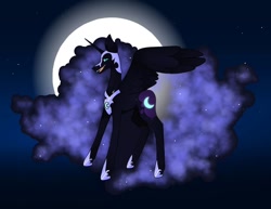 Size: 1080x835 | Tagged: safe, artist:tessa_key_, derpibooru import, nightmare moon, alicorn, pony, collaboration, ethereal mane, eyelashes, fangs, female, full moon, galaxy mane, helmet, hoof shoes, horn, mare, moon, open mouth, peytral, smiling, solo, stars, wings