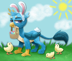 Size: 1280x1086 | Tagged: safe, artist:catscratchpaper, derpibooru import, gallus, bird, chicken, griffon, basket, bunny ears, bunny tail, cloud, cute, cutout, easter, easter egg, gallabetes, gallus is not amused, grass, holiday, sun, unamused