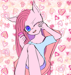 Size: 2673x2839 | Tagged: safe, artist:yukiyume_b, derpibooru import, pinkie pie, anthro, abstract background, blushing, cellphone, clothes, cute, diapinkes, female, hand, heart, one eye closed, open mouth, phone, pinkamena diane pie, sitting, smartphone, solo, wink