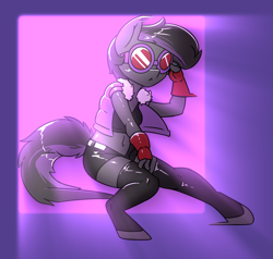 Size: 1872x1785 | Tagged: safe, artist:afkregen, derpibooru import, oc, oc only, anthro, earth pony, unguligrade anthro, breasts, clothes, digital art, female, fingerless gloves, gloves, jacket, pose, shorts, solo, solo female, stockings, sunglasses, tail, tanktop, thigh highs