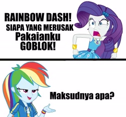 Size: 2289x2128 | Tagged: safe, derpibooru import, rainbow dash, rarity, better together, equestria girls, holidays unwrapped, rollercoaster of friendship, angry, angry rarity, furious, implied sunset shimmer, indonesian, lidded eyes, rage, rarirage, translation request, vulgar, yelling