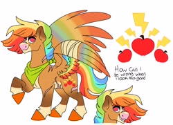 Size: 3452x2499 | Tagged: safe, artist:dodiejinx, derpibooru import, oc, oc only, pegasus, pony, colored wings, magical lesbian spawn, multicolored wings, offspring, parent:applejack, parent:rainbow dash, parents:appledash, pegasus oc, rainbow wings, scar, simple background, solo, white background, wings