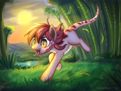 Size: 2560x1925 | Tagged: safe, artist:megabait, derpibooru import, dinosaur, lizard, pony, worm, female, grass, running, solo, sun, valley