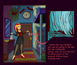 Size: 1280x1073 | Tagged: safe, artist:titantigress, derpibooru import, sunset shimmer, equestria girls, clothes, costume, face mask, halloween, halloween costume, mask, micro, shrunk, sunset's apartment, vampire shimmer