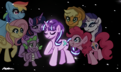 Size: 768x460 | Tagged: safe, artist:_denart, derpibooru import, applejack, fluttershy, pinkie pie, rainbow dash, rarity, spike, starlight glimmer, twilight sparkle, twilight sparkle (alicorn), alicorn, earth pony, pegasus, pony, unicorn, the cutie re-mark, eyelashes, eyes closed, female, hat, hoof on chest, horn, male, mane seven, mane six, mare, open mouth, raised hoof, raised leg, s5 starlight, scene interpretation, smiling, wings