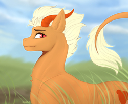 Size: 3200x2600 | Tagged: safe, artist:huskii-s, derpibooru exclusive, derpibooru import, oc, oc only, oc:orobas, dracony, dragon, hybrid, field, grass, grass field, horns, leonine tail, looking at you, male, solo, stallion