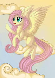 Size: 2059x2912 | Tagged: safe, artist:spidolot, derpibooru import, fluttershy, pegasus, pony, cloud, flying, missing cutie mark, sky background, solo