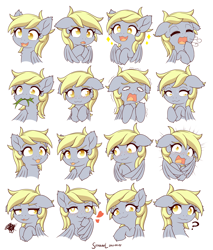 Size: 3400x4000 | Tagged: safe, artist:symbianl, derpibooru import, derpy hooves, pegasus, pony, :3, blushing, cute, derpabetes, ear fluff, ears, expressions, female, floppy ears, heart, heart eyes, looking at you, mare, mouth hold, open mouth, simple background, solo, symbianl is trying to murder us, tongue, tongue out, weapons-grade cute, wingding eyes, wings