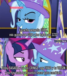 Size: 720x811 | Tagged: safe, derpibooru import, edit, edited screencap, screencap, trixie, twilight sparkle, twilight sparkle (alicorn), alicorn, no second prances, spanish, text, translation request