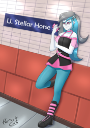 Size: 1276x1800 | Tagged: safe, artist:horsecat, artist:stellarwools, derpibooru import, oc, oc only, oc:silver dawn, collaboration, equestria girls, against wall, eyeshadow, female, glasses, holding, lidded eyes, phone, raised hoof, raised leg, smiling, solo