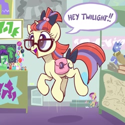 Size: 2048x2048 | Tagged: safe, artist:pfeffaroo, derpibooru import, moondancer, pony, unicorn, adorkable, bag, bow, convention, cute, dancerbetes, dork, female, figurine, glasses, hair bow, map, mare, open mouth, open smile, pronking, saddle bag, smiling, solo, tail bow, text